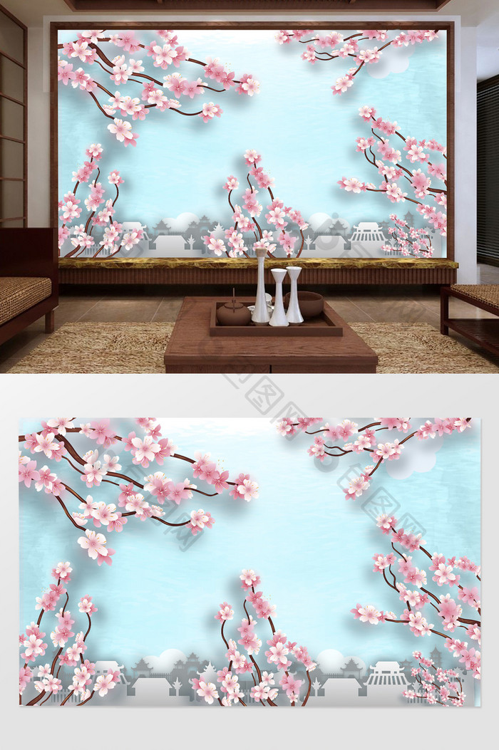中式梦幻粉色梅花客厅电视背景墙