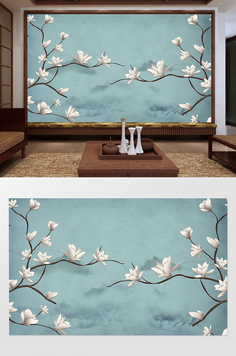 新中式山水玉兰花微浮雕客厅电视背景墙图片