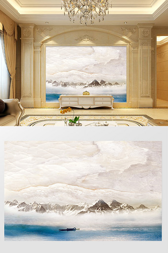 高清3D大理石纹山水花日出背景墙水灵图片