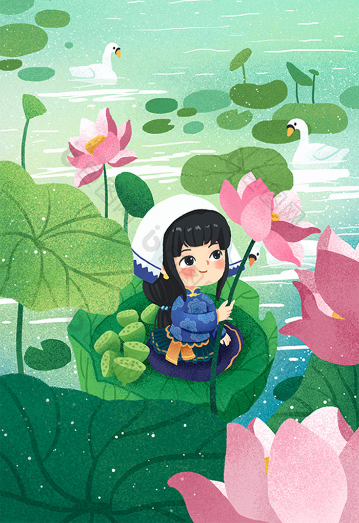 节气夏天立夏采莲插画