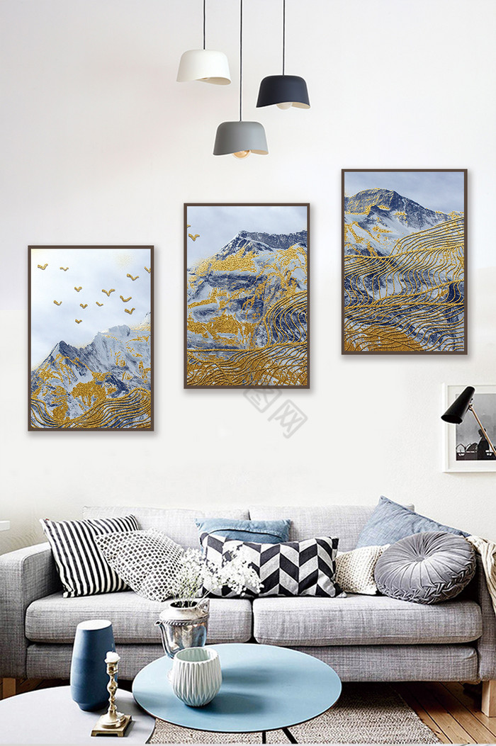 新中式抽象金线山脉禅意飞鸟现代北欧装饰画图片