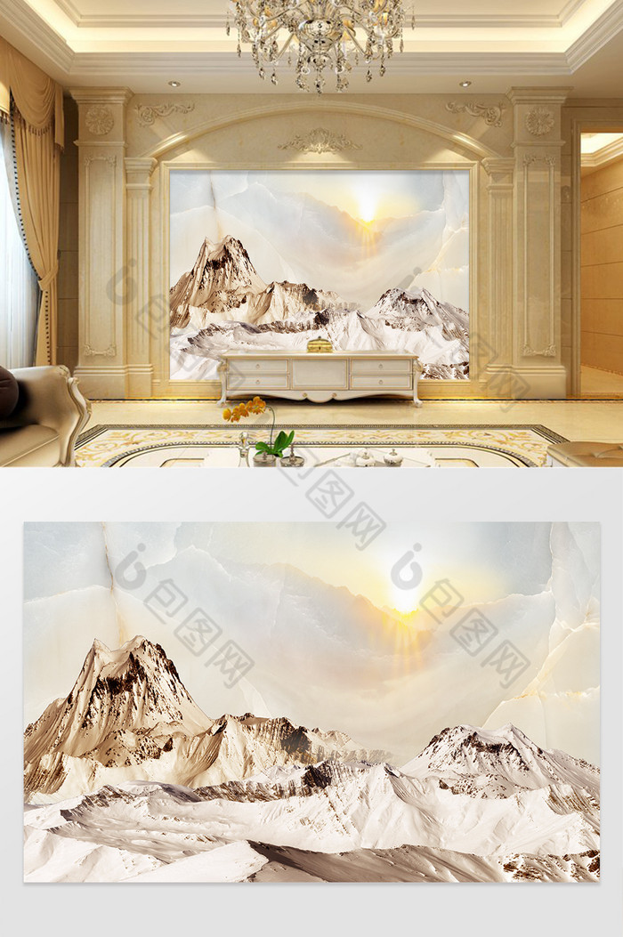 高清3D大理石纹山水花日出背景墙高山日出图片图片