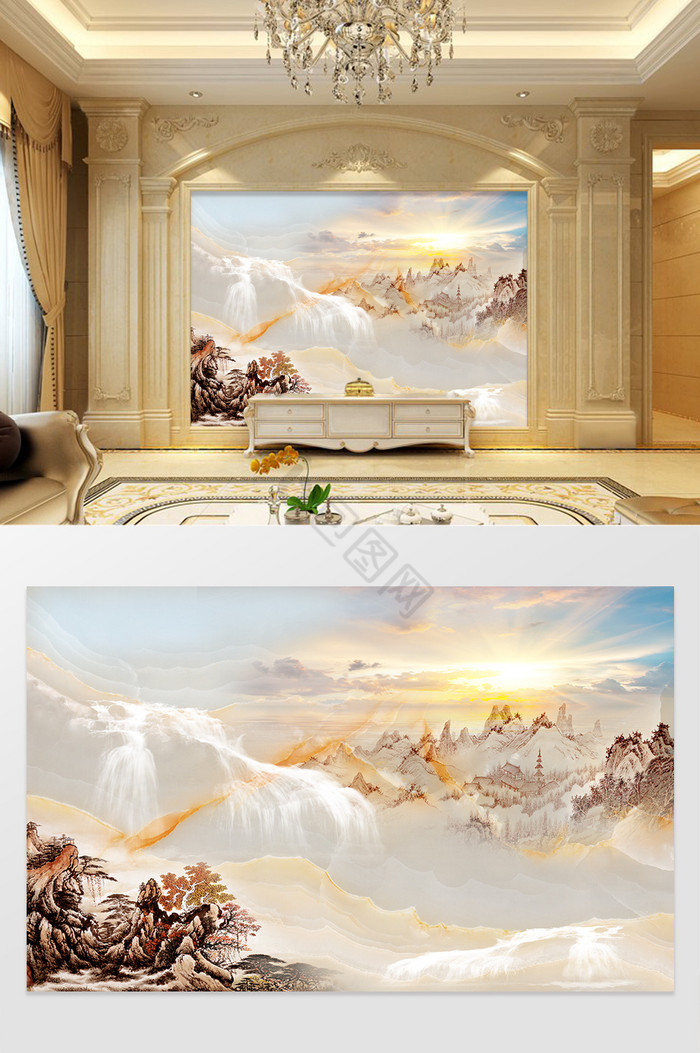 高清3D大理石纹山水花日出背景墙日照云溪图片