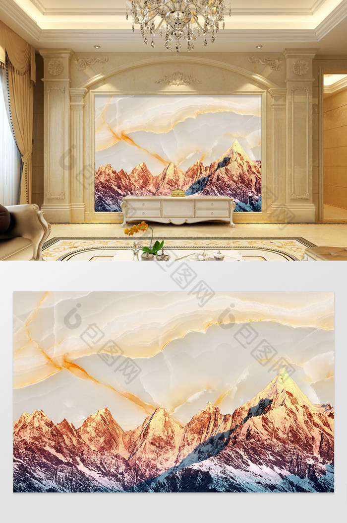 高清3D大理石纹山水花日出背景墙水漫金山图片图片