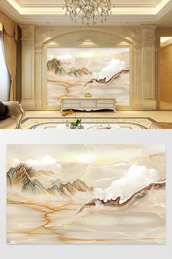 高清3D大理石纹山水花日出背景墙绚丽山河图片