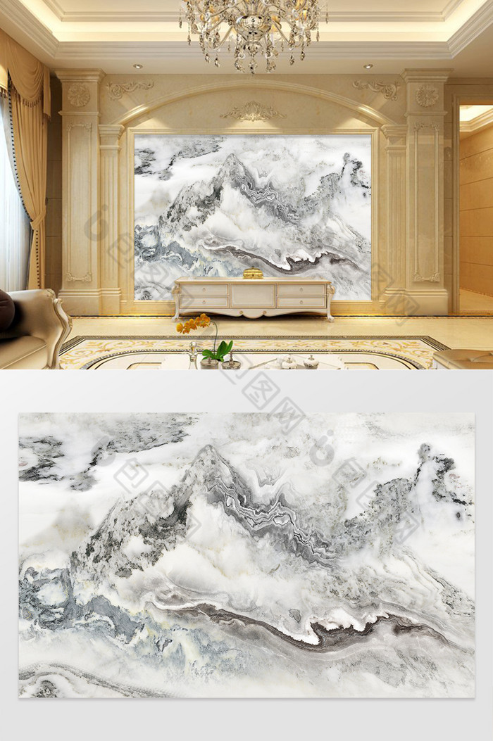 高清3D大理石纹山水花日出背景墙水墨山图片图片