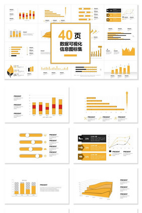 40页黄色数据可视化图表集PPT模板