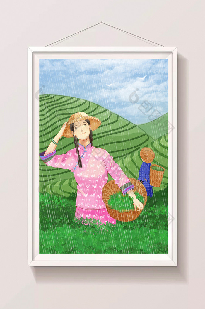 二十四节气谷雨采茶女孩插画图片