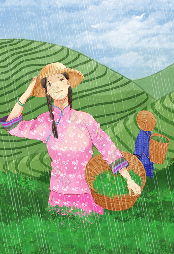 绿色唯美清新二十四节气谷雨采茶女孩插画