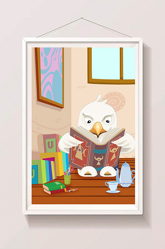 暖色房间地板书本阅读猫头鹰可爱萌插画图片