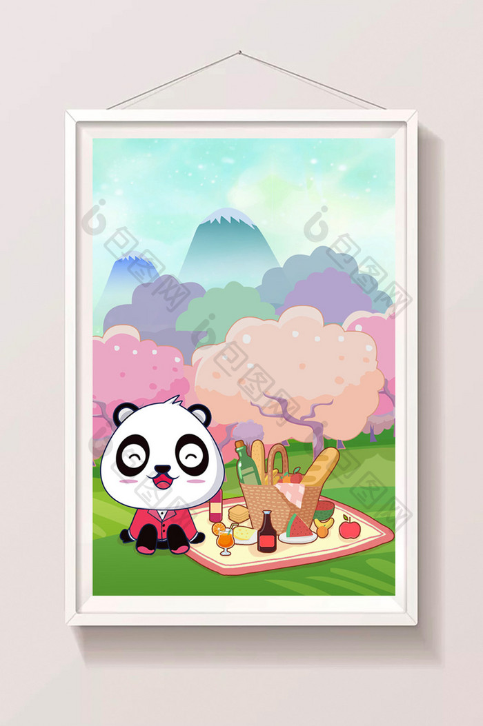粉色小清新郊外樱花远山可爱萌熊猫手绘插画