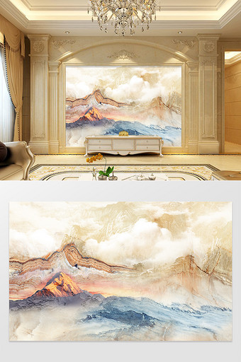 高清3D大理石纹山水花日出背景墙九州情图片