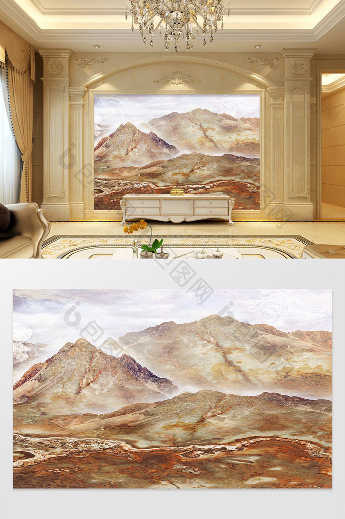 高清3D大理石纹山水花日出背景墙峰峦雄伟图片图片