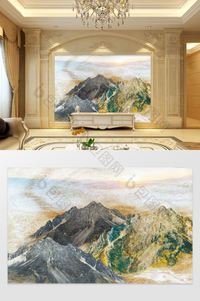 高清3D大理石纹山水花日出背景墙高山峻岭图片图片