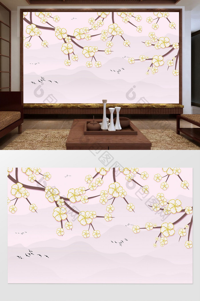 中式立体花卉梨花山水电视背景墙