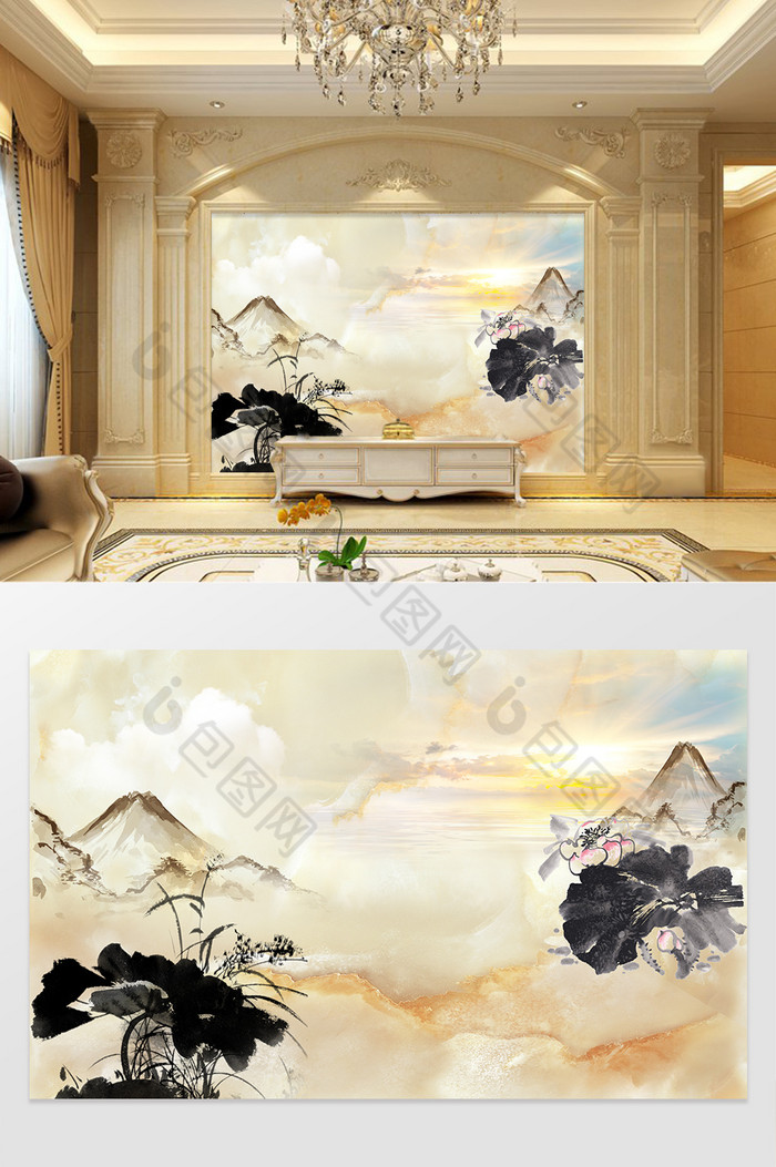 高清3D大理石纹山水花日出背景墙新中式图片图片