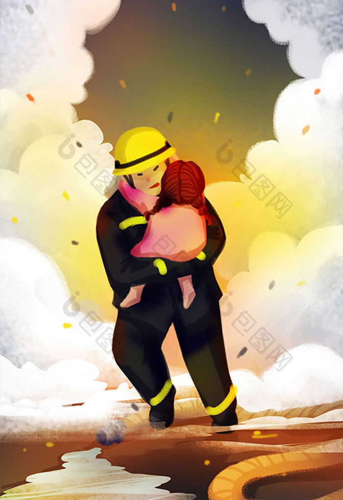消防员火中救人关注消防安全民生插画
