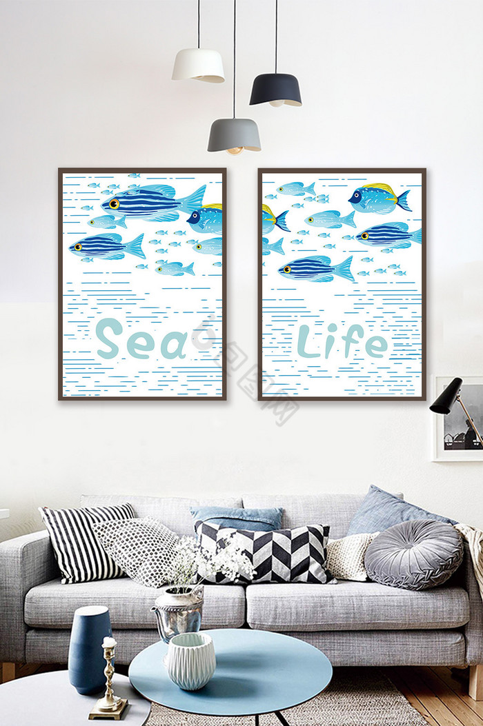 蓝色清新海洋鱼装饰画图片