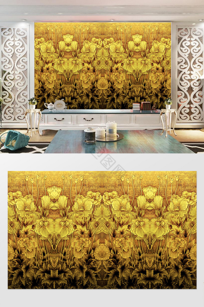 金色浮雕花朵花束背景墙图片