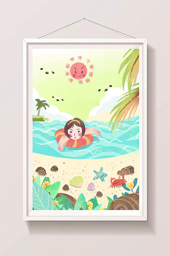 清新可爱假期女孩海里游泳玩耍插画图片