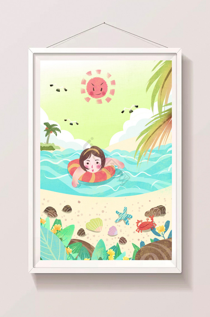假期女孩海里游泳玩耍插画图片