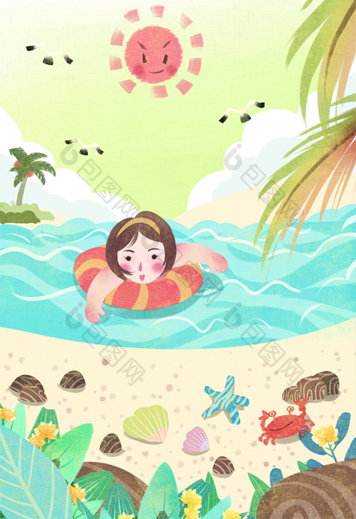 清新可爱假期女孩海里游泳玩耍插画