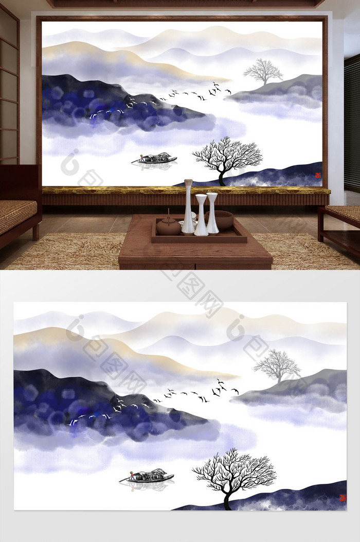 新中式意境抽象山水背景装饰画