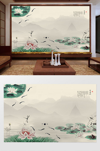 中式爱莲说山水画客厅电视背景墙设计图片