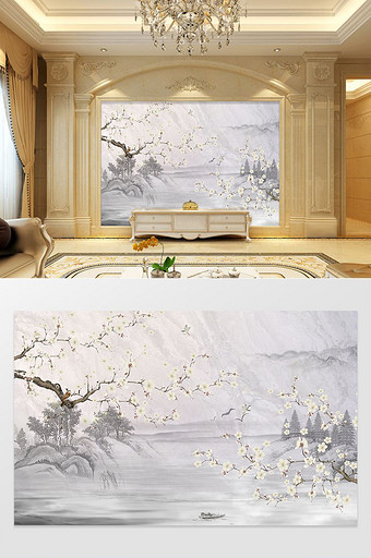 中式山水水墨风大理石客厅电视背景墙设计图片