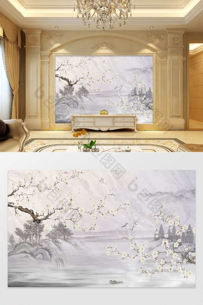 中式山水水墨风大理石客厅电视背景墙设计