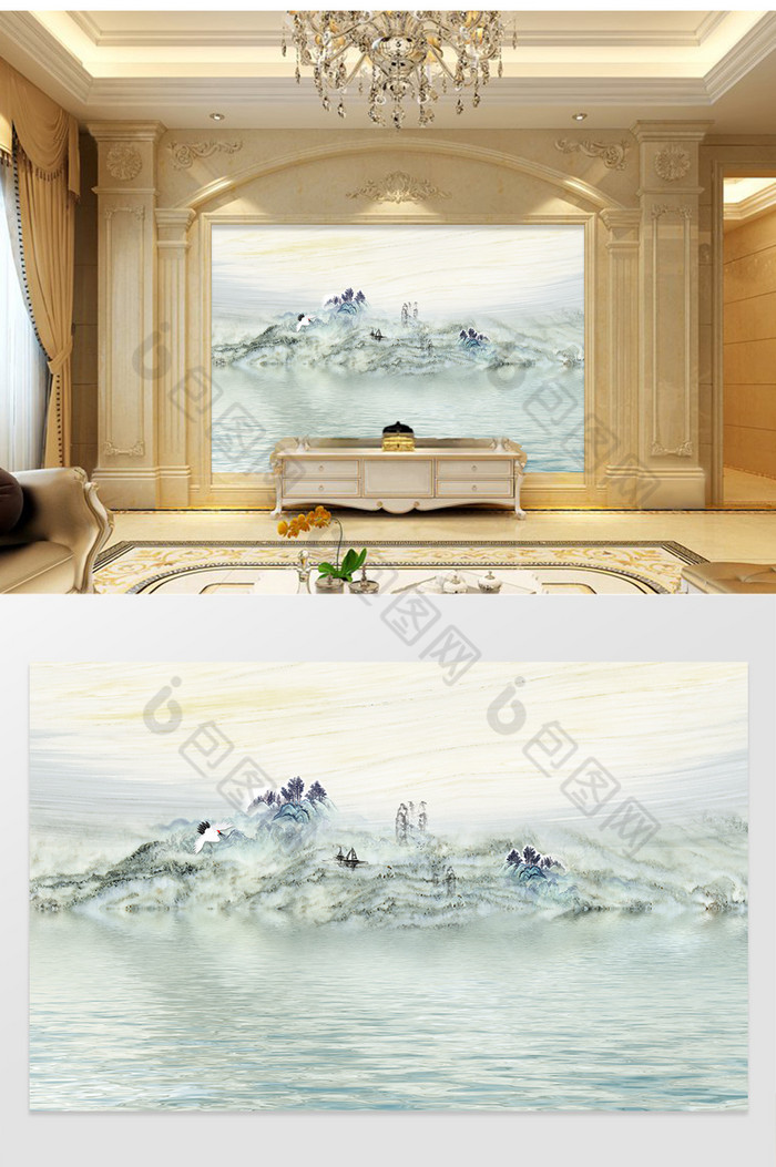 高清3D大理石纹山水花日出背景墙桃源印象图片图片