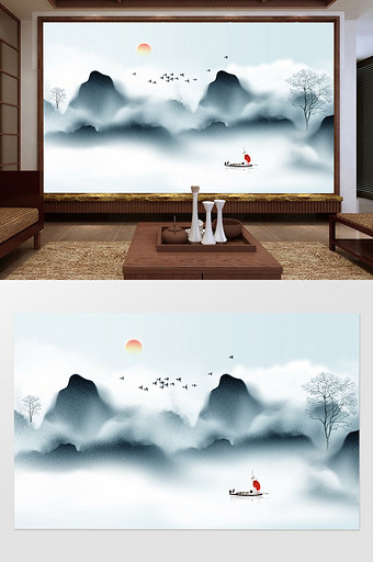 新中式水墨山水树林日出客厅电视背景墙图片