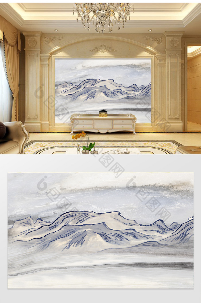 高清3D大理石纹山水花日出背景墙群山图片图片