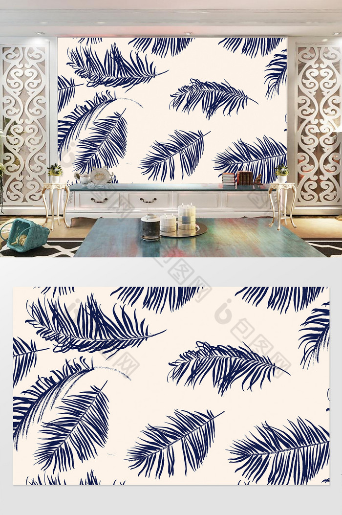 藏青色素雅北欧风格叶子纹理电视背景墙