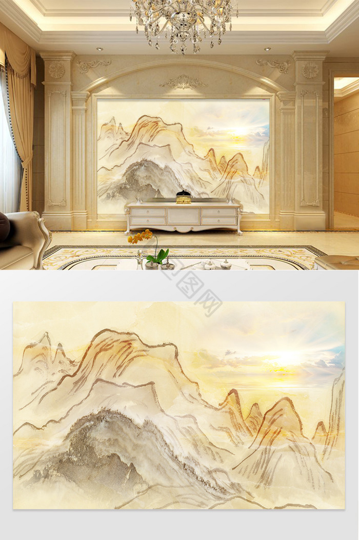 高清3D大理石纹山水花日出背景墙山顶图片