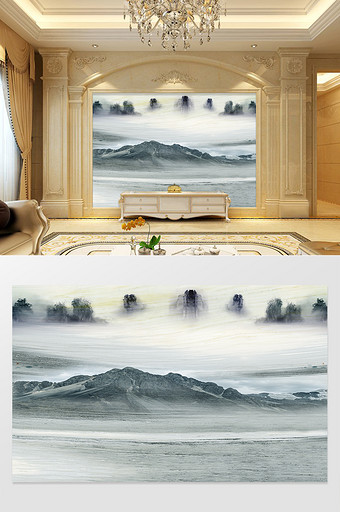 高清3D大理石纹山水花日出背景墙远山风景图片