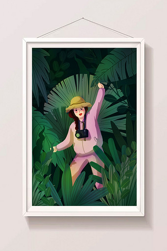 夏天丛林探险户外野营创意插画图片