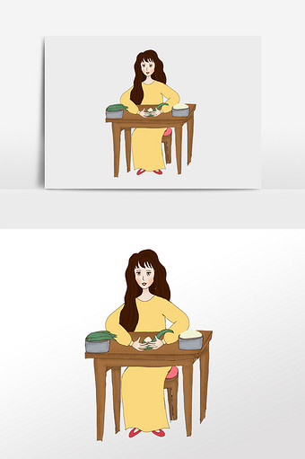 清新端午节妈妈包粽子卡通元素图片