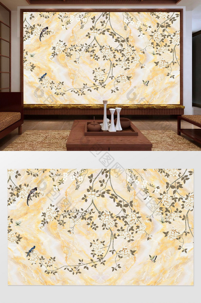 中式花卉蝴蝶自来大理石客厅电视背景墙设计