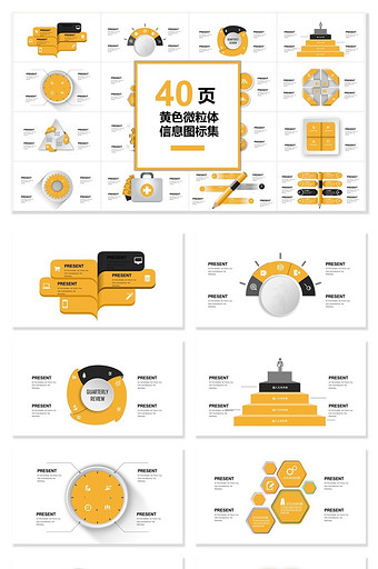 40页黄色微粒体图表集PPT模板图片