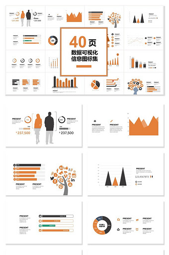 40页橙色数据可视化图表集PPT模板图片