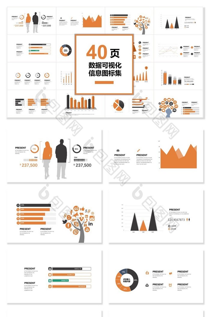 40页橙色数据可视化图表集PPT模板