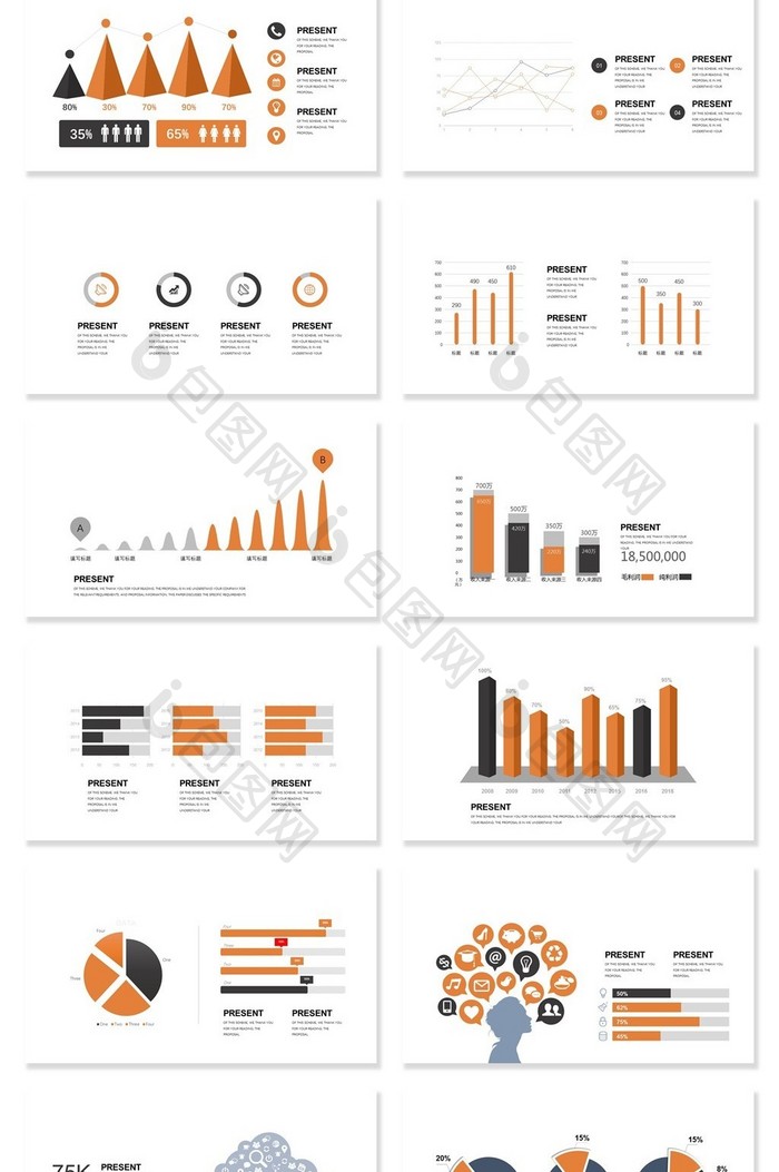 40页橙色数据可视化图表集PPT模板
