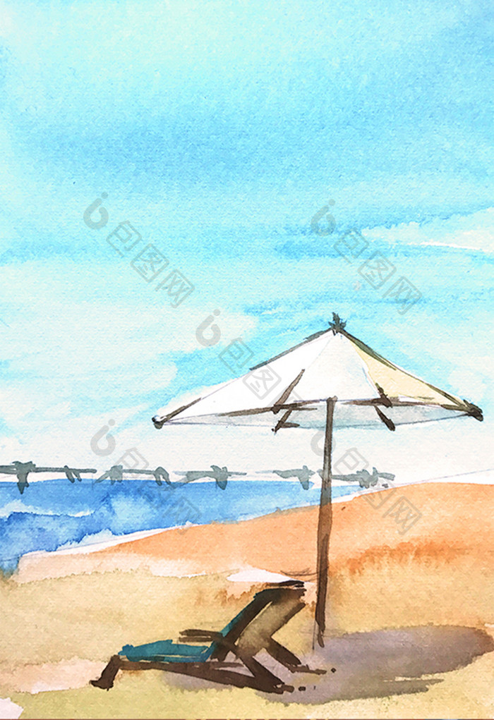 蓝色夏日海边风景水彩手绘背景