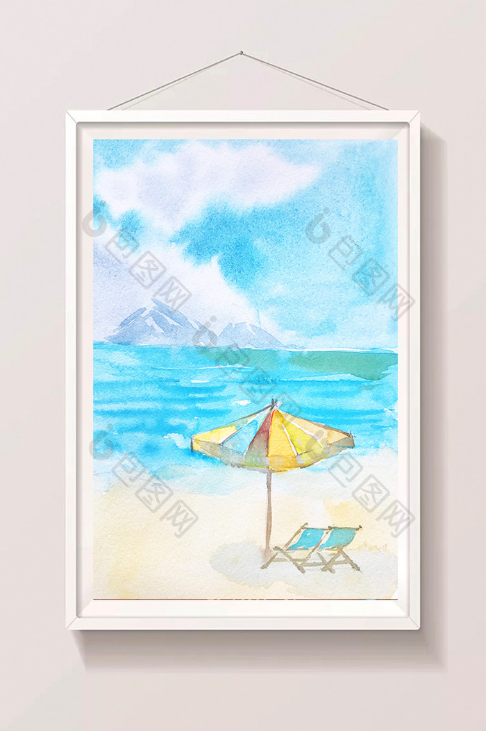 蓝色夏日海边风景水彩手绘的背景