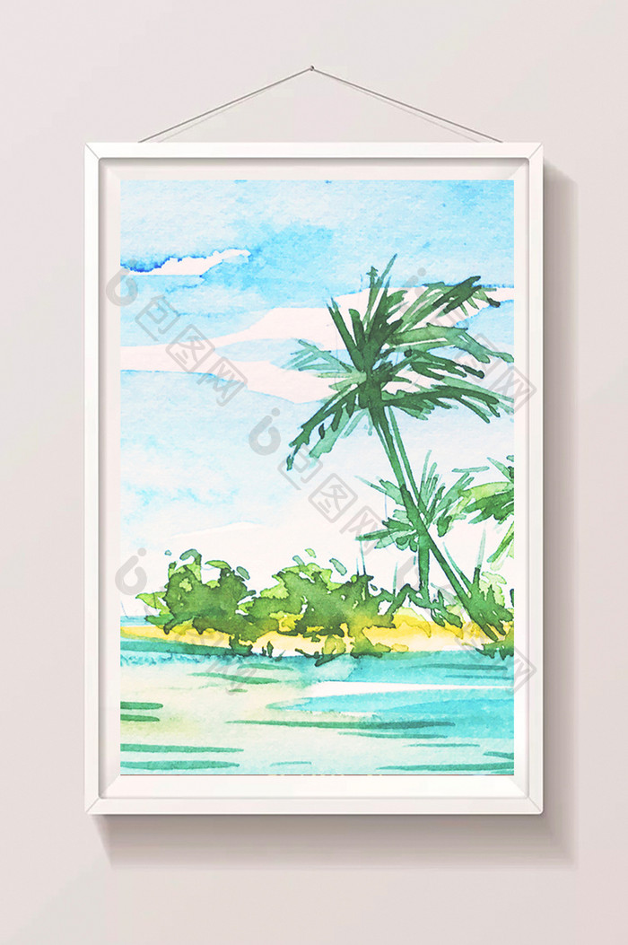 蓝色夏日海边风景水彩手绘的背景素材