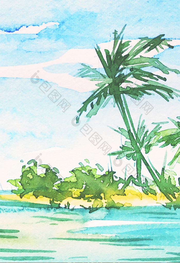 蓝色夏日海边风景水彩手绘的背景素材