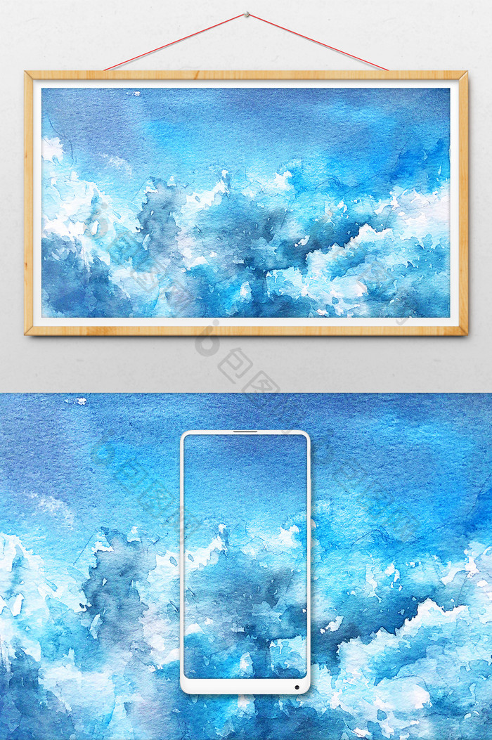 蓝色云朵夏日云海水彩手绘背景素材
