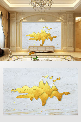 新中式抽象意境大金色山线条飞鸟电视背景墙图片