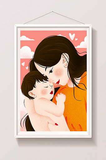 温馨母亲节母亲抱孩子手绘卡通插画图片